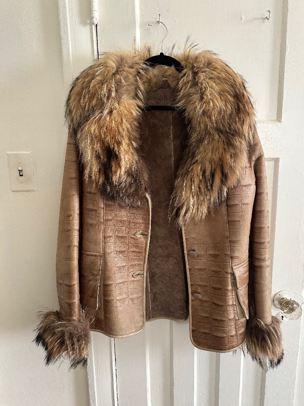 Vintage Fur Trim Leather Shearling Coat